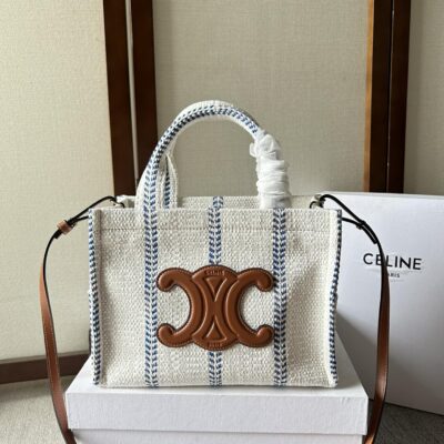Celine賽琳原單包包 TRIOMPHE帆布 藍白條布料及小牛皮小型Cabas Thais手袋