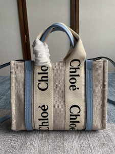 一比一複刻Chloe蔻依包 亞麻帆布小號Woody托特包肩帶款 天藍