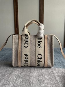 一比一複刻Chloe蔻依包 亞麻帆布小號Woody托特包肩帶款 卡其