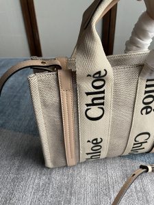 一比一複刻Chloe蔻依包 亞麻帆布小號Woody托特包肩帶款 卡其