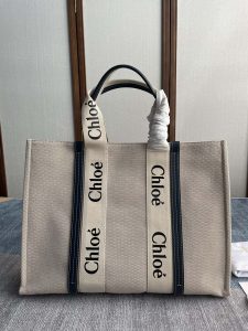 複刻名牌包Chloe蔻依 Chloé標識亞麻帆布 Woody大號托特包 深藍
