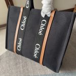 複刻奢侈包Chloe蔻依 Chloé標識亞麻帆布 Woody大號托特包 黑色