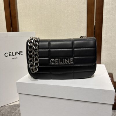 複刻名牌包Celine賽琳 MATELASSE MONOCHROME 絎縫羊皮革鏈條肩揹包飾鍊掛肩袋 黑銀