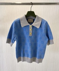 經典藍色Gucci頂級一比一服裝翻領針織短袖T恤