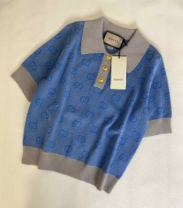 經典藍色Gucci頂級一比一服裝翻領針織短袖T恤