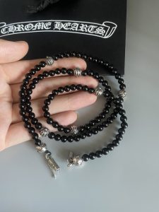 超A貨Chrome Hearts克羅心飾品 8MM黑曜石8銀珠手鍊/項鍊