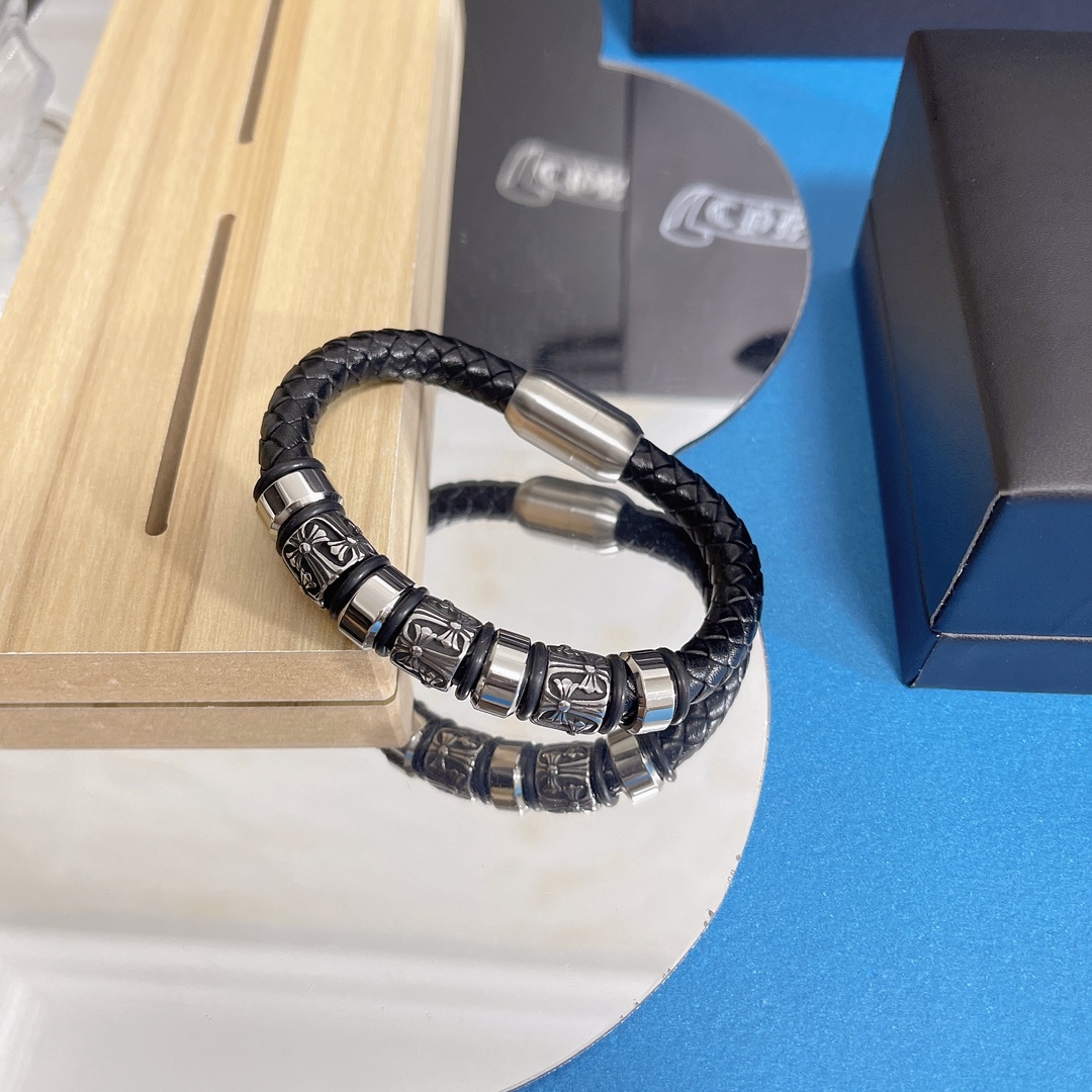 ChromeHearts202405124500002 專櫃一比一Chrome Hearts克羅心飾品 雙十字架皮繩手镯手鍊