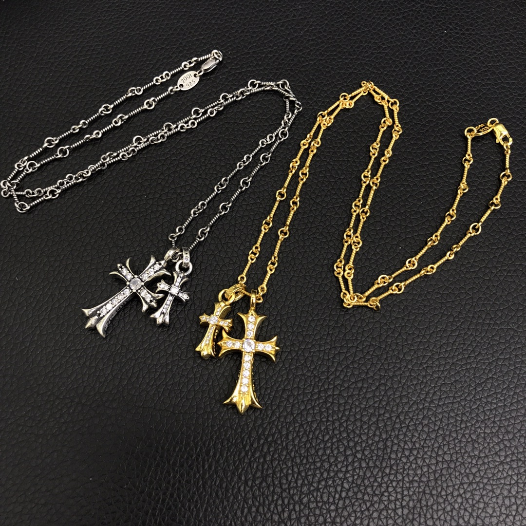 ChromeHearts202405170200006 專櫃複刻1比1Chrome Hearts克羅心 鑲鑽雙十字架吊墜項鍊
