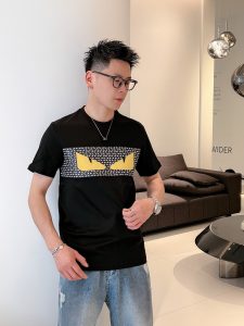專櫃同步彈力長絨棉高仿Fendi圓領短袖T恤男裝