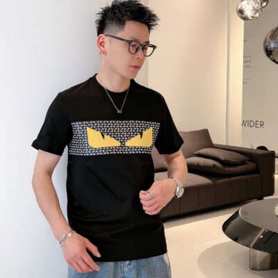 專櫃同步彈力長絨棉高仿Fendi圓領短袖T恤男裝