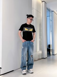 專櫃同步彈力長絨棉高仿Fendi圓領短袖T恤男裝
