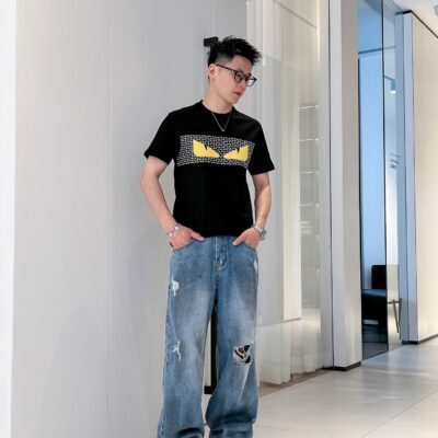 專櫃同步彈力長絨棉高仿Fendi圓領短袖T恤男裝