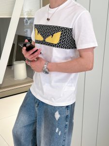 Fendi高仿專櫃同步長絨棉短袖圓領T恤 男裝 白色
