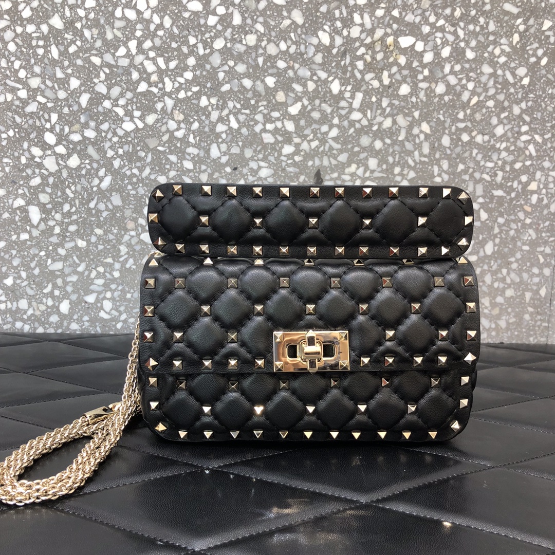 VALENTINO202406141300003 高仿VALENTINO華倫天奴包包 ROCKSTUD SPIKE小號軟牛革手袋 黑金