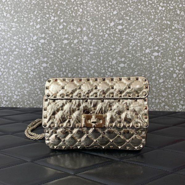 高仿原單VALENTINO華倫天奴包包 ROCKSTUD SPIKE小號軟牛革手袋 金色
