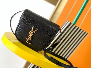 専櫃複刻YSL聖羅蘭包包 kaia鱷魚皮壓紋亮面皮革小型書包 黑色