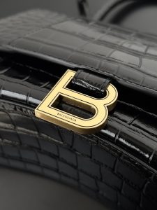 高仿balenciaga巴黎世家 HOURGLASS 鱷魚紋壓紋手提包沙漏包 黑色金扣