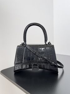 高仿balenciaga巴黎世家 HOURGLASS 鱷魚紋壓紋手提包沙漏包 黑色黑扣