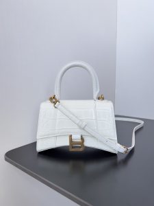 高仿balenciaga巴黎世家 HOURGLASS 加小號鱷魚紋壓紋手提包沙漏包 白色金扣