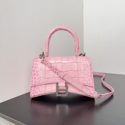 高仿balenciaga巴黎世家 HOURGLASS 加小號鱷魚紋壓紋手提包沙漏包 巴黎粉