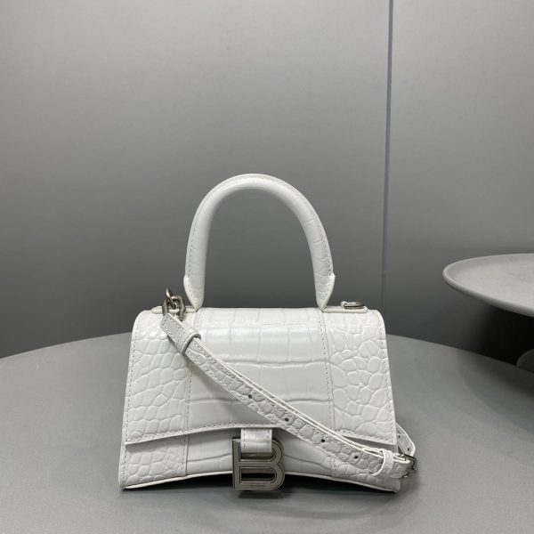 原單balenciaga巴黎世家 HOURGLASS 加小號鱷魚紋壓紋手提包沙漏包 白色銀扣