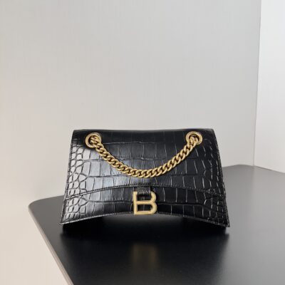 複刻balenciaga巴黎世家 CRUSH小號鱷魚紋壓花鏈帶包 黑色金扣