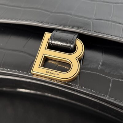複刻balenciaga巴黎世家 CRUSH小號鱷魚紋壓花鏈帶包 黑色金扣