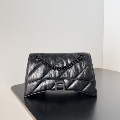 複刻balenciaga巴黎世家 Crush 小號黑色壓光牛皮革絎縫鏈帶包