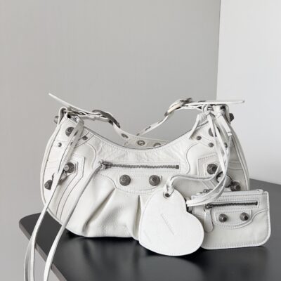 専櫃複刻balenciaga巴黎世家 Le Cagole小號白色細紋羊皮革單肩包
