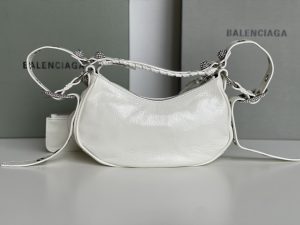 高仿BALENCIAGA巴黎世家 LE CAGOLE 加小號油蠟皮白色鑲萊茵石單肩包