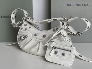 高仿BALENCIAGA巴黎世家 LE CAGOLE 加小號油蠟皮白色鑲萊茵石單肩包