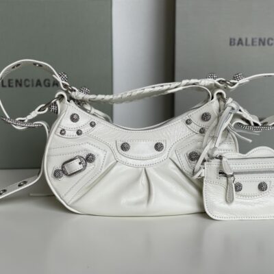 高仿BALENCIAGA巴黎世家 LE CAGOLE 加小號油蠟皮白色鑲萊茵石單肩包