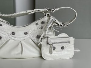 高仿BALENCIAGA巴黎世家 LE CAGOLE 加小號油蠟皮白色鑲萊茵石單肩包