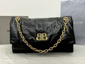 高仿BALENCIAGA巴黎世家 Monaco細紋牛皮革大號鏈帶包 大號油蠟黑金