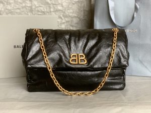 高仿BALENCIAGA巴黎世家 Monaco細紋牛皮革鏈帶包 中號油蠟黑金