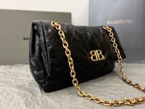 複刻BALENCIAGA巴黎世家 Monaco細紋牛皮革鏈帶包 小號油蠟黑金