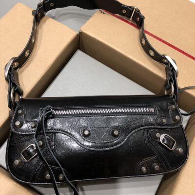 専櫃複刻BALENCIAGA巴黎世家 Le Cagole黑色細紋牛皮革大號單肩包