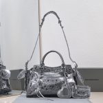 複刻高仿BALENCIAGA巴黎世家 Neo Cagole 細紋牛皮革手提包 中號銀灰
