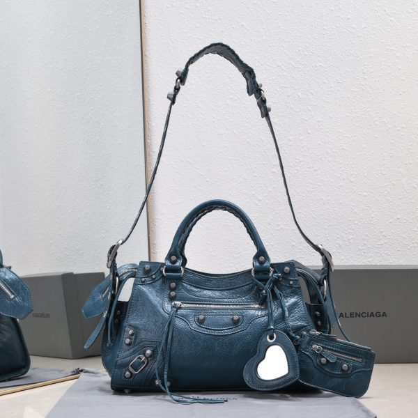 複刻高仿BALENCIAGA巴黎世家 Neo Cagole 細紋牛皮革手提包 中號深藍