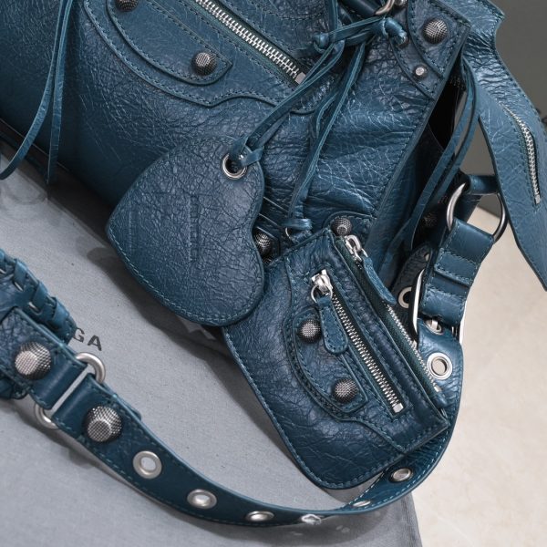 複刻高仿BALENCIAGA巴黎世家 Neo Cagole 細紋牛皮革手提包 中號深藍