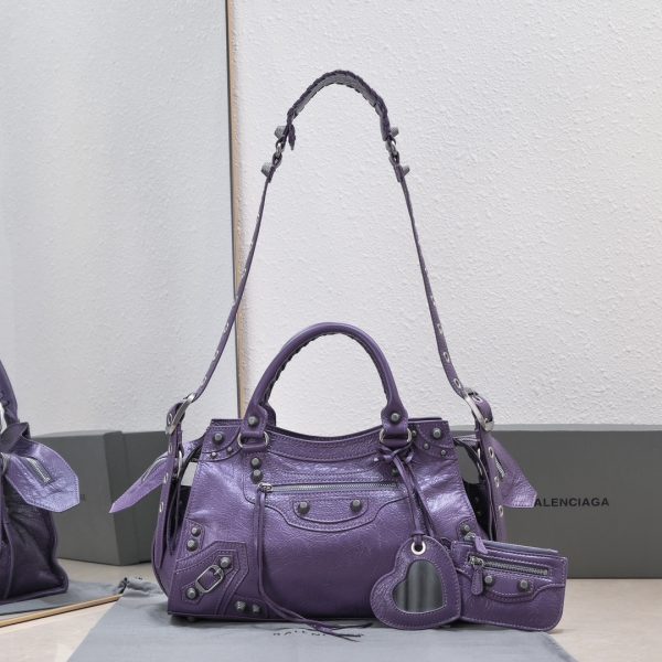 複刻高仿BALENCIAGA巴黎世家 Neo Cagole 細紋牛皮革手提包 中號紫色