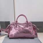 複刻高仿BALENCIAGA巴黎世家 Neo Cagole 細紋牛皮革手提包 中號銀粉