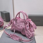 複刻高仿BALENCIAGA巴黎世家 Neo Cagole 細紋牛皮革手提包 中號銀粉