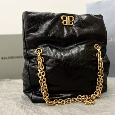 原單BALENCIAGA巴黎世家 Monaco絎縫薄牛皮革鏈帶包 小號【油蠟黑金】