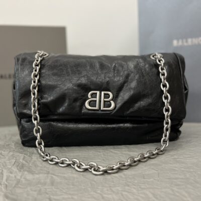 原單BALENCIAGA巴黎世家 Monaco細紋牛皮革鏈帶包 小號【油蠟黑銀】