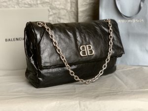 原單BALENCIAGA巴黎世家 Monaco細紋牛皮革鏈帶包 中號【油蠟黑銀】