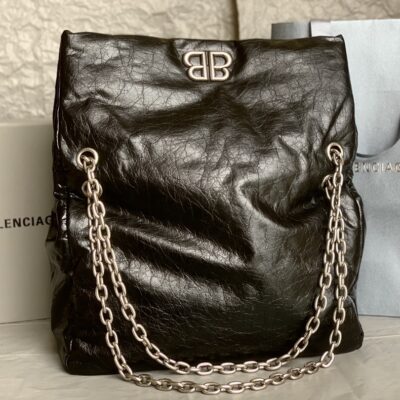 原單BALENCIAGA巴黎世家 Monaco細紋牛皮革鏈帶包 中號【油蠟黑銀】
