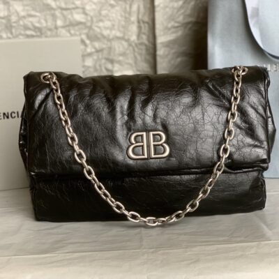 原單BALENCIAGA巴黎世家 Monaco細紋牛皮革鏈帶包 中號【油蠟黑銀】