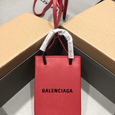 一比一複刻BALENCIAGA巴黎世家 Shopping 方格牛皮革手機包 紅色