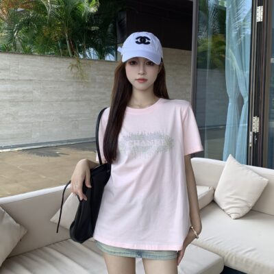 獨家高仿頂級香奈兒CHANEL純棉面料logo印花短袖T恤 粉色